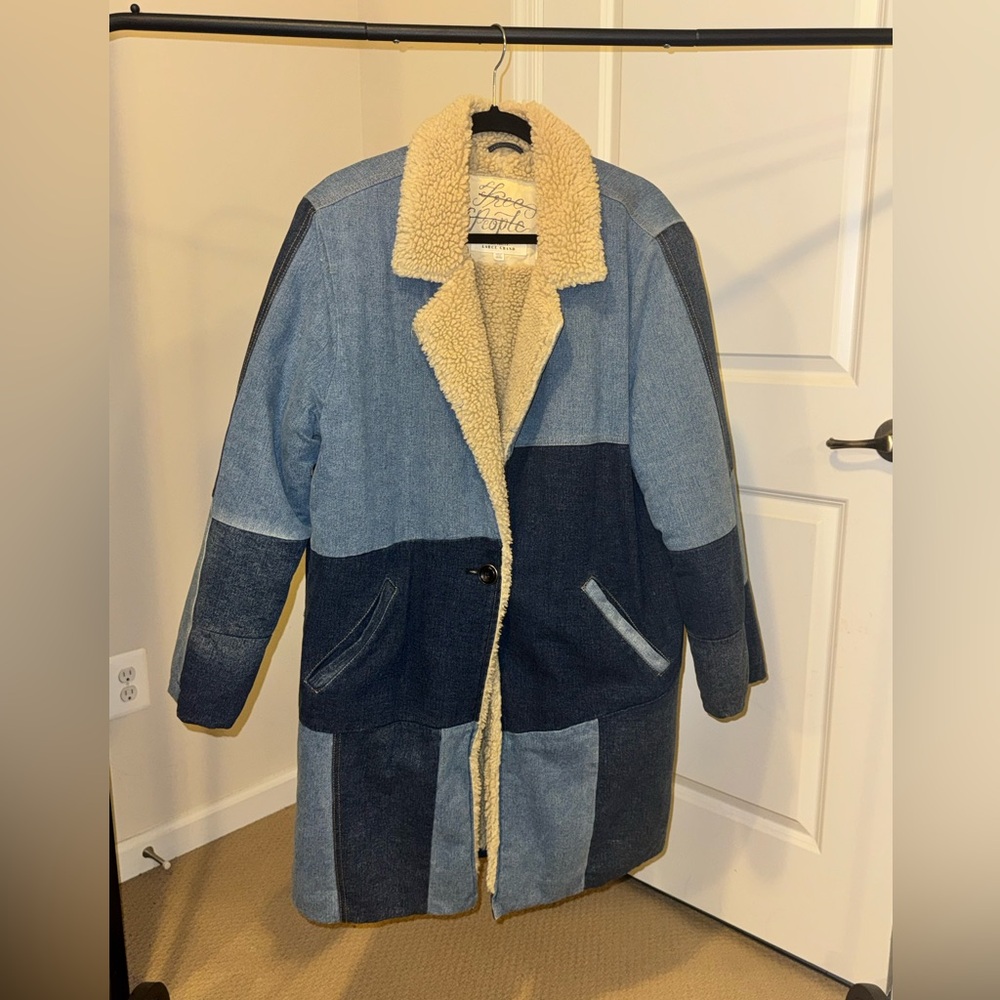*RARE GEM* Free People Faux Shearling Denim Patchwork Coat - Size Large